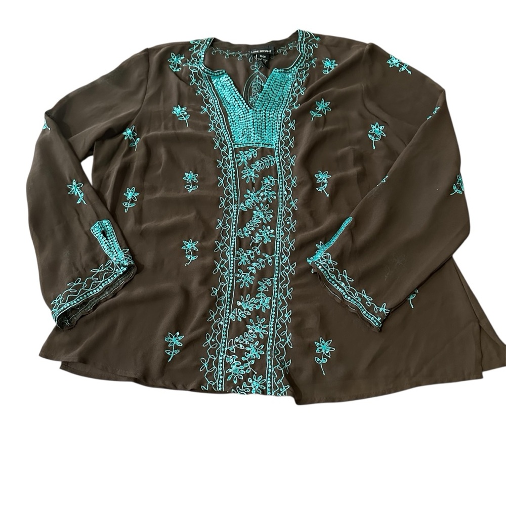 Lane Bryant Women’s Sheer Brown‎ Turquoise Sequin Embroidered Blouse 18/20
